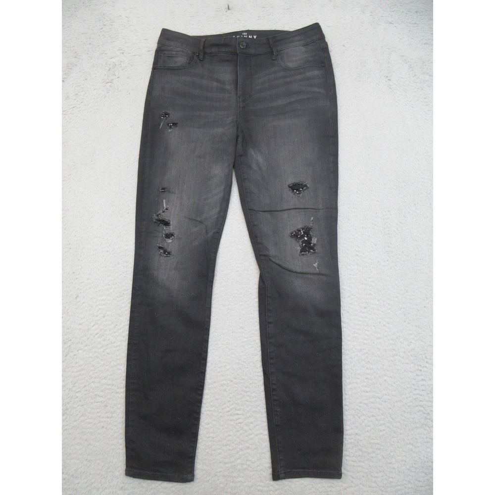 White House Black Market High Rise Distressed Skinny Jeans Women 10 Black Sequin